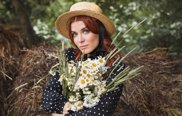 Picture look, girl, flowers, portrait, chamomile, bouquet, hat, Elina Garipova