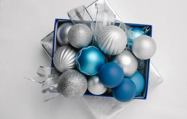 Picture balls, holiday, box, gift, blue, Christmas, tape, New year, light background, blue, Christmas decorations, silver, …