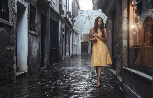 Picture water, girl, rain, street, home, umbrella, dress, yard, Stefan Häusler, Viktoria Stephanie