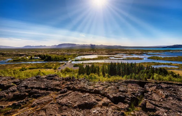 Picture the sun, rays, landscape, mountains, nature, stones, valley, Iceland, forest, Levko, Yuri, spills