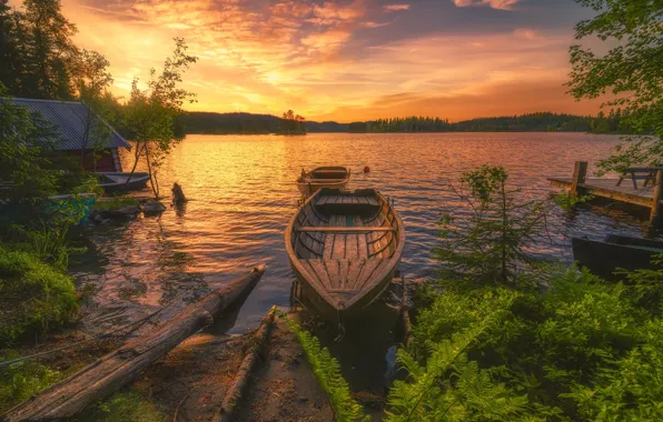 Picture landscape, sunset, nature, lake, boats, forest, Bank