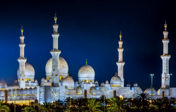 Picture night, mosque, architecture, Abu Dhabi, UAE, The Sheikh Zayed Grand mosque, Abu Dhabi, minarets, UAE, …
