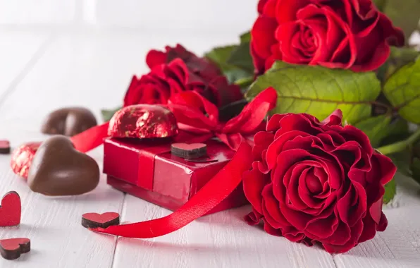 Picture flowers, gift, roses, bouquet, hearts, red, red, love, flowers, romantic, hearts, chocolate, valentine's day, roses, …