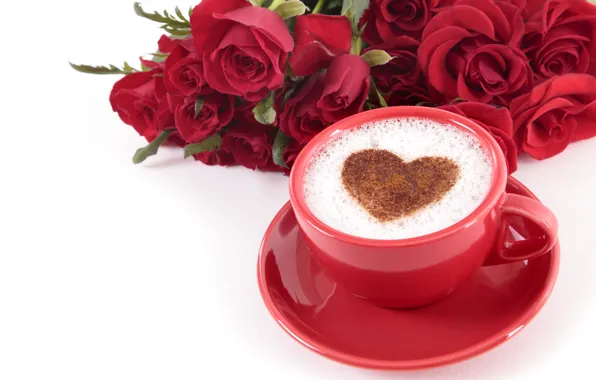 Picture love, heart, roses, hearts, red, red, love, heart, wood, cup, romantic, valentine's day, coffee, roses, …