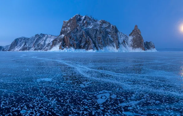 Picture winter, rock, lake, island, ice, Russia, Lake Baikal, Olkhon Island, Cape Khoboy