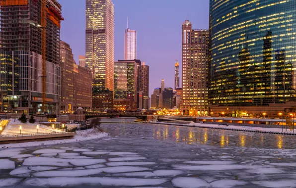 Picture winter, lights, river, ice, skyscrapers, the evening, Chicago, USA, USA, Chicago