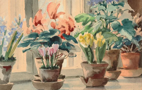 Picture flowers, sill, pots, window, Watercolor, Olga Kulikovskaya-Romanova