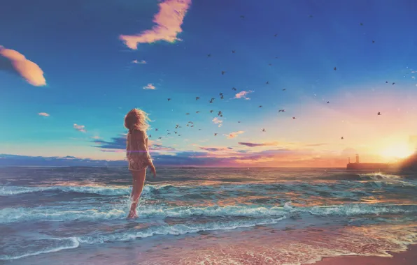Picture sea, wave, beach, girl, birds, lighthouse, horizon, waves, girl, beach, sea, sunset, sunset, birds, beautiful …
