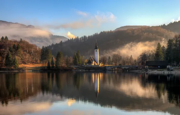 Picture winter, clouds, landscape, bridge, nature, fog, lake, reflection, Church, forest, Slovenia, Bohinj, Gordeev Edward, Eduard …