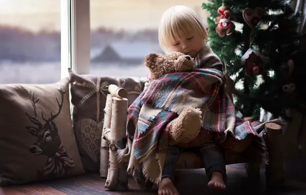 Picture bench, room, mood, holiday, toy, new year, Christmas, baby, window, bear, tree, plaid, child, indre …