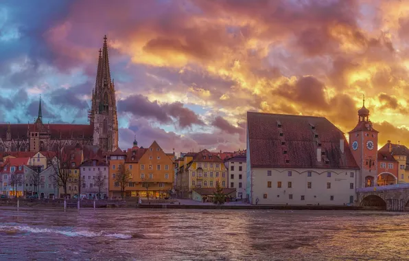 Picture the sky, sunset, bridge, river, building, home, Germany, Bayern, panorama, Cathedral, promenade, Germany, Bavaria, Regensburg, …