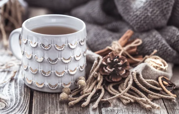 Picture winter, decoration, tea, scarf, Christmas, mug, New year, new year, Christmas, vintage, winter, cup, bokeh, …