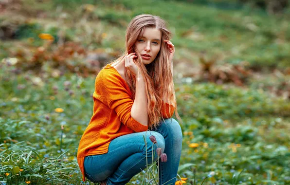Picture grass, girl, pose, hair, jeans, Jade, Oliver Gibbs