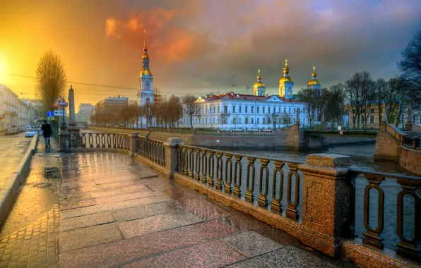 Picture river, rain, building, home, Saint Petersburg, channel, Russia, promenade, Eduard Gordeev, Kryukov canal, Nikolsky Cathedral