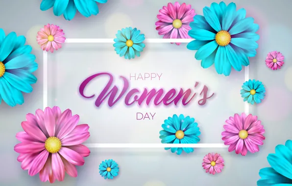 Picture flowers, pink, happy, March 8, blue, pink, flowers, women's day, 8 march, women's day