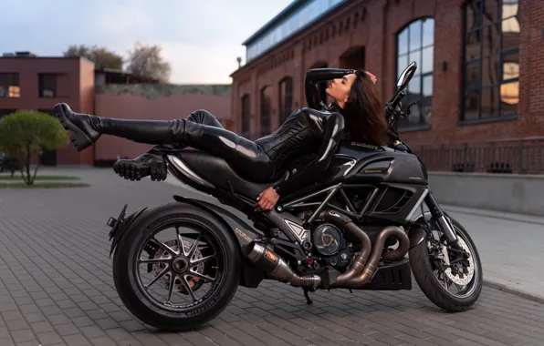 Picture girl, pose, feet, boots, motorcycle, latex, Ducati, Ilya Pistols, Natalia Zaitseva