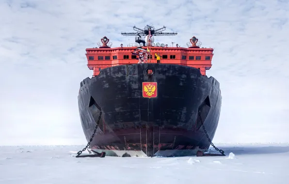 Picture The ocean, Sea, Snow, Ice, Icebreaker, The ship, Coat of arms, Russia, Ice, 50 years …