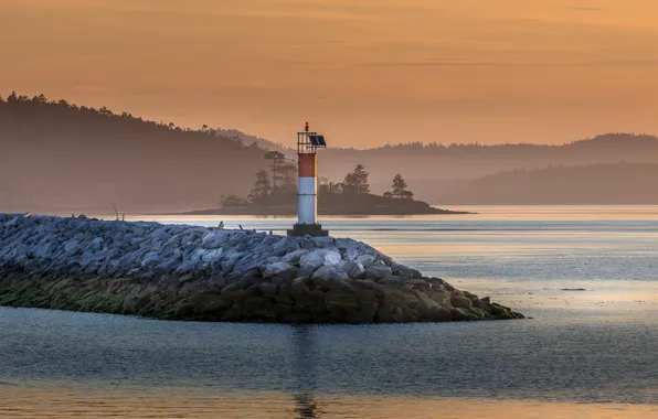 Picture sea, morning, lighthouse, Sidney, vancouver island, pastel