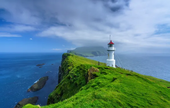 Picture Islands, the ocean, lighthouse, Faroe Islands, Mykines, Holmur Lighthouse