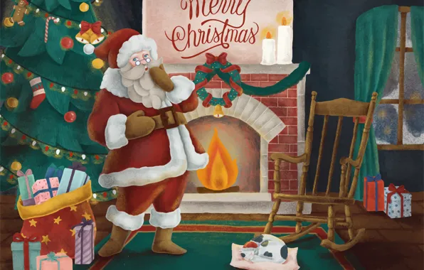 Picture Room, Christmas, New year, Santa Claus, Fireplace, Merry Christmas, Gifts, Christmas tree, Bag, Счастливого рождества