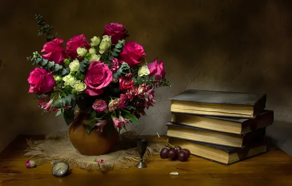 Picture flowers, style, watch, books, roses, bouquet, grapes, still life, Татьяна Феденкова