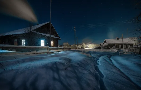Picture winter, snow, landscape, night, nature, village, home, stars, lighting, Ural, Perm Krai, Andrei