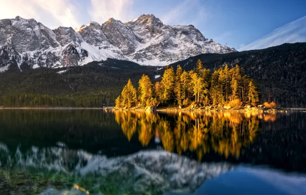 Picture trees, mountains, lake, reflection, island, Germany, Bayern, Alps, Germany, Bavaria, Alps, Eibsee, Eibsee