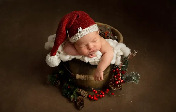 Picture berries, background, Christmas, bucket, New year, bumps, child, cap, baby