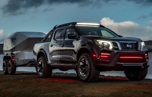 Picture water, shore, the evening, Nissan, pickup, the trailer, 2018, Navara, Dark Sky Concept