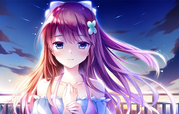 Picture the sky, look, girl, stars, the wind, the game, the evening, anime, Shounen, obloka