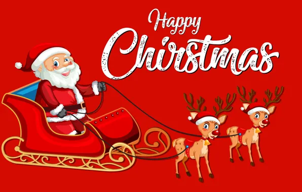 Picture Smile, Christmas, New year, Santa Claus, Deer, Happy Christmas, Sleigh, Red background