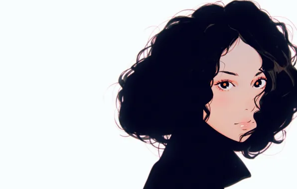 Picture look, face, brunette, collar, curls, portrait of a girl, curly hair, Ilya Kuvshinov