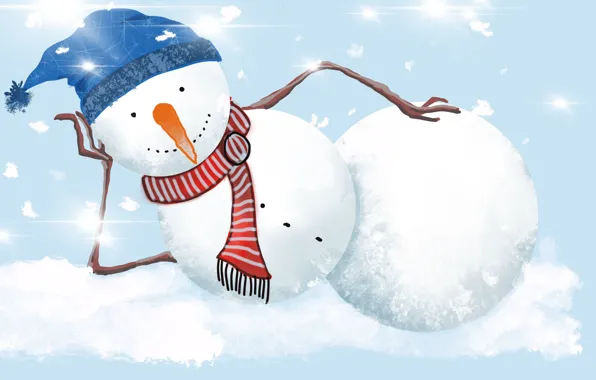 Picture winter, snow, smile, holiday, graphics, carrot, scarf, Christmas, New year, lies, snowman, snowfall, cap, blue …