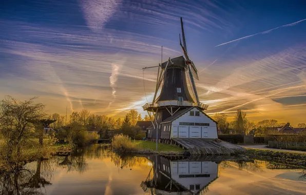 Picture the sky, sunset, the evening, mill