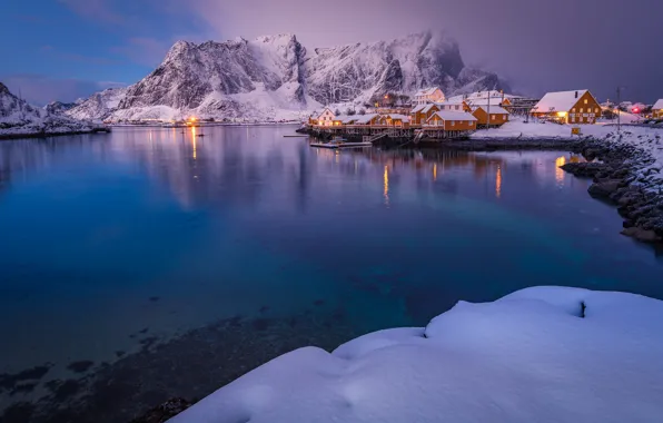 Picture winter, sea, snow, landscape, mountains, rocks, coast, home, morning, village, Norway, The Lofoten Islands, Lofoten