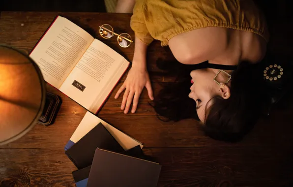Picture girl, mood, stay, books, lamp, sleep, the situation, glasses, phone, sleeping girl