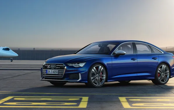 Picture blue, Audi, sedan, the airfield, Audi A6, 2019, Audi S6