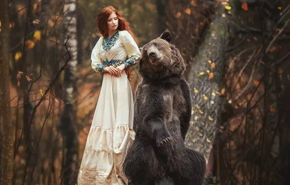 Picture autumn, forest, girl, pose, dress, bear, red, redhead, Anastasia Barmina