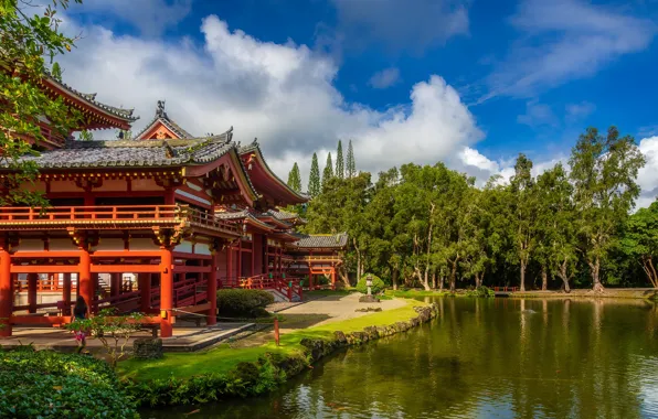 Picture trees, pond, Park, Japan, temple, Japan, Uji, Uji, The byodo-in temple, Byodo-in Temple, Pavilion Of …