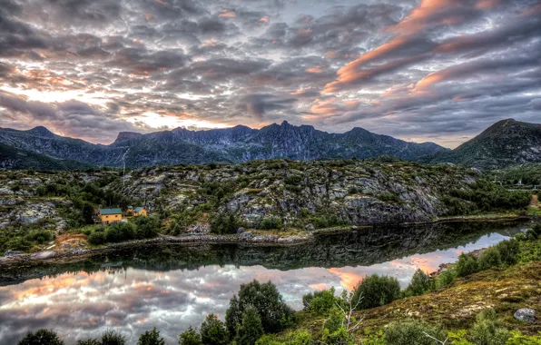 Picture the sky, clouds, trees, mountains, river, stones, rocks, HDR, Norway, houses, Nordland, Kabelvag