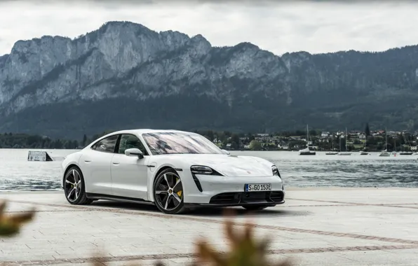 Picture mountains, Porsche, Turbo S, the pond, 2020, Taycan