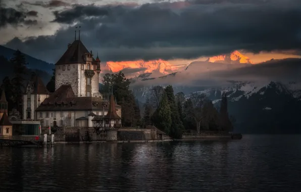 Picture mountains, lake, castle, the evening, Switzerland, Alps, Switzerland, Alps, Lake Thun, Oberhofen Castle, Lake Thun, …