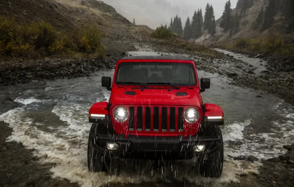 Picture red, stream, rain, the front, 2018, Jeep, Wrangler Rubicon