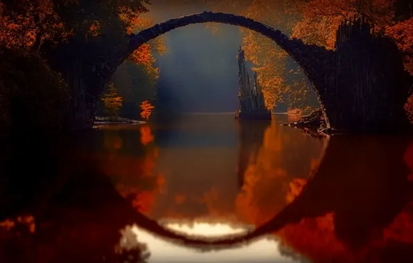 Picture autumn, trees, landscape, bridge, nature, reflection, river, arch