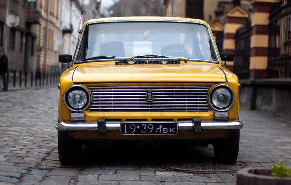 Picture car, the city, retro, fiat, penny, car, Yellow, front, front view, Russian, 2101, VAZ, Fiat, …