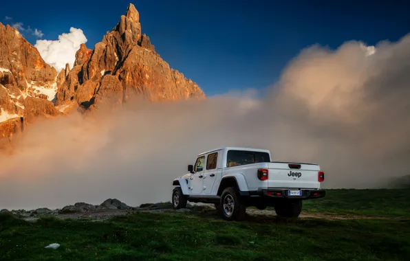 Picture white, clouds, mountains, SUV, pickup, Gladiator, 4x4, Jeep, Rubicon, 2019