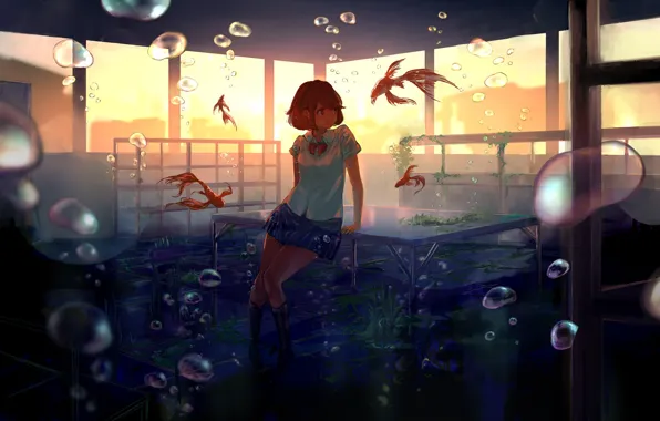 Picture girl, fish, sunset, smile, bubbles, anime, art, form, class, schoolgirl, under water, desks, goroku