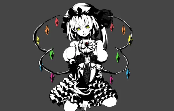 Picture grey background, red eyes, on my knees, flandre scarlet, vampire, project East, touhou project, by …