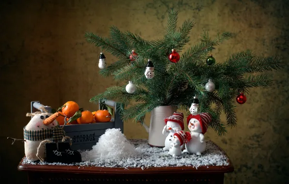 Picture snow, decoration, branches, holiday, new year, spruce, box, needles, table, Christmas decorations, tangerines, the snowmen