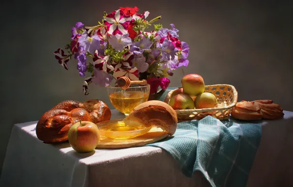 Picture flowers, table, apples, Board, fruit, still life, honey, basket, saucer, tablecloth, napkin, roll, vase, Petunia, …